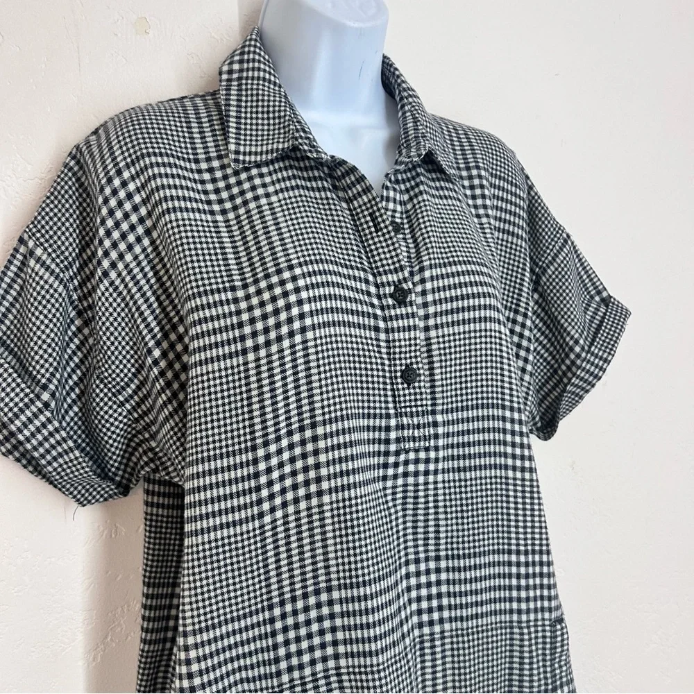 Toad&Co Platitude Short Sleeve Shirt Dress Black and White Plaid Size M